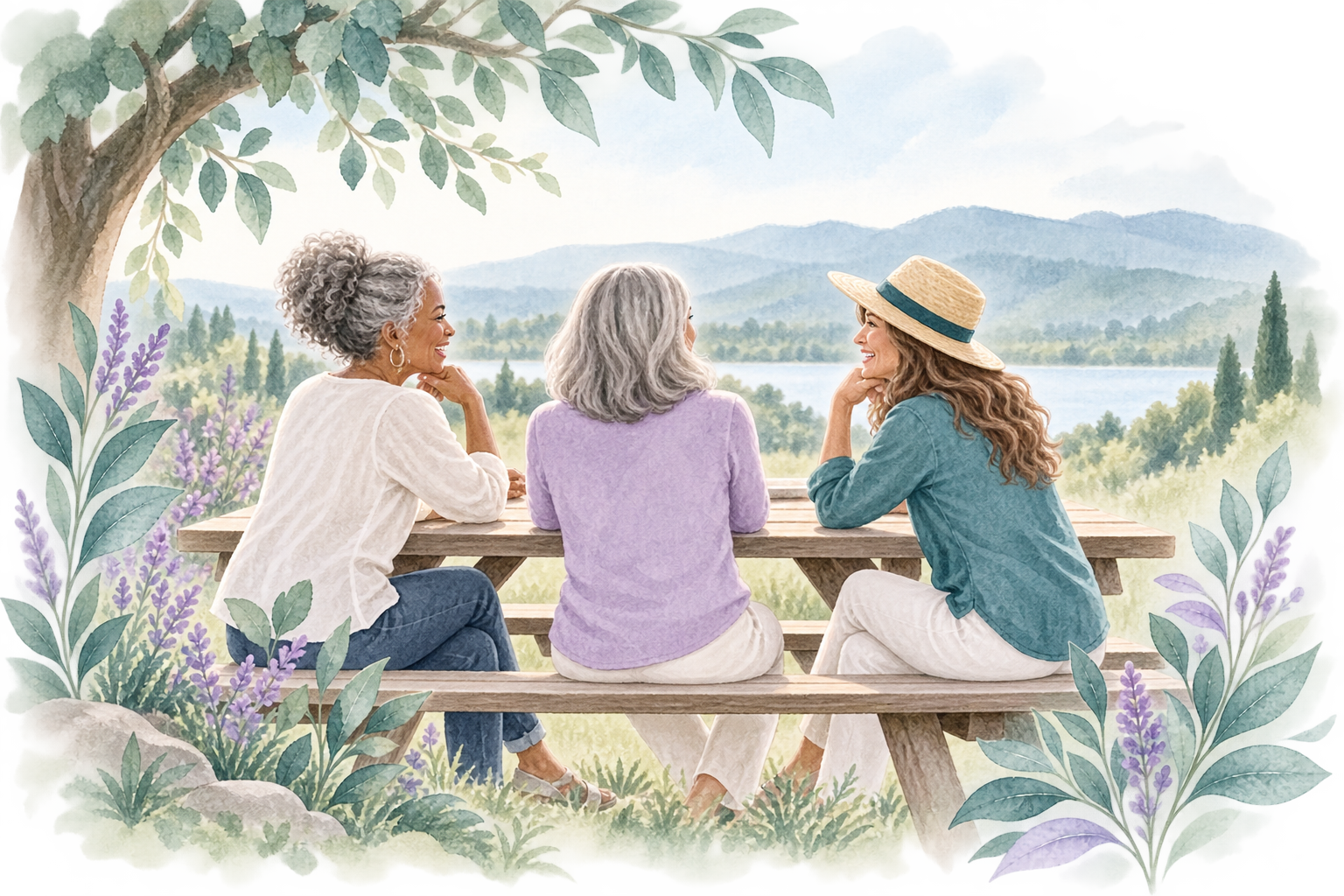 Three women gathered together outdoors representing the Quitired community