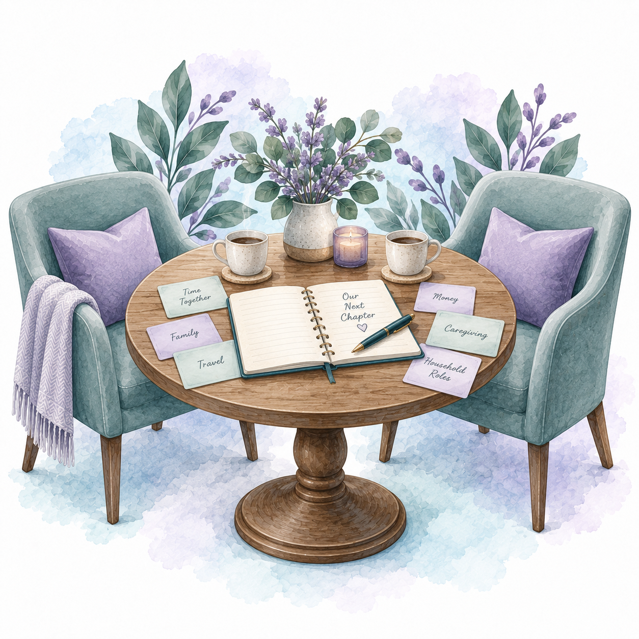Two inviting chairs facing each other with a small table, notebook and conversation topics including family, travel, money, caregiving, time together and household roles