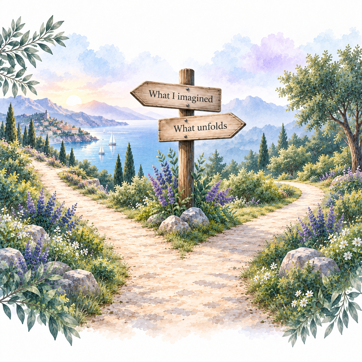 A watercolor path dividing in two directions, representing the difference between what we imagine and what actually unfolds