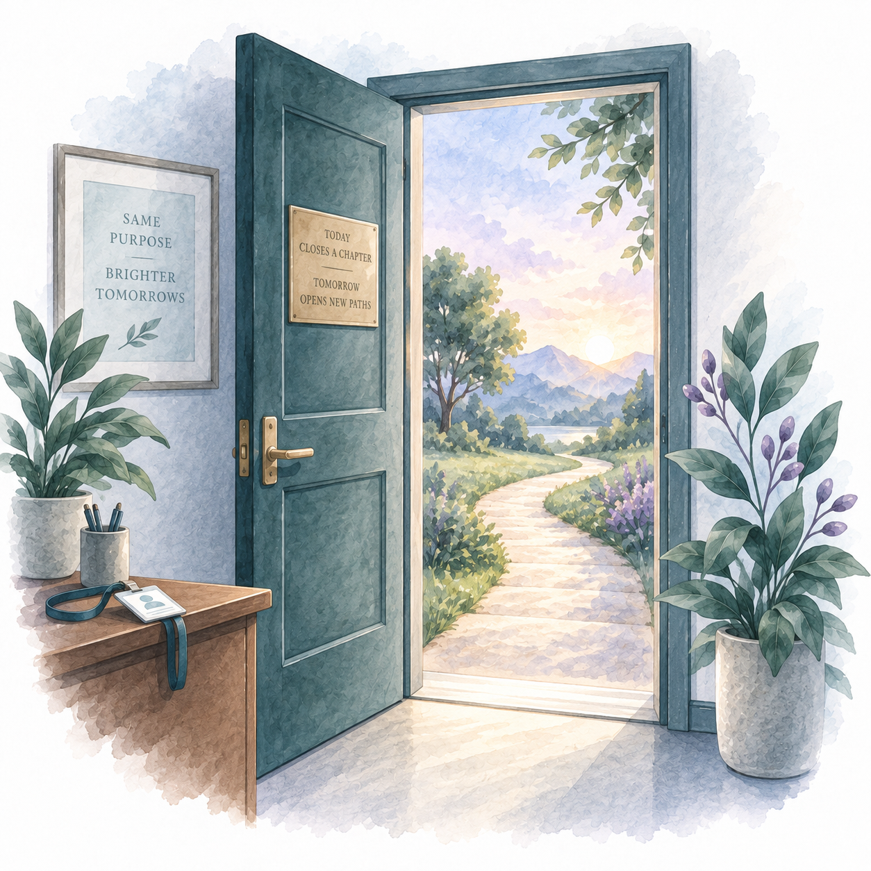An open office door leading toward a path outside, representing the transition from work into retirement