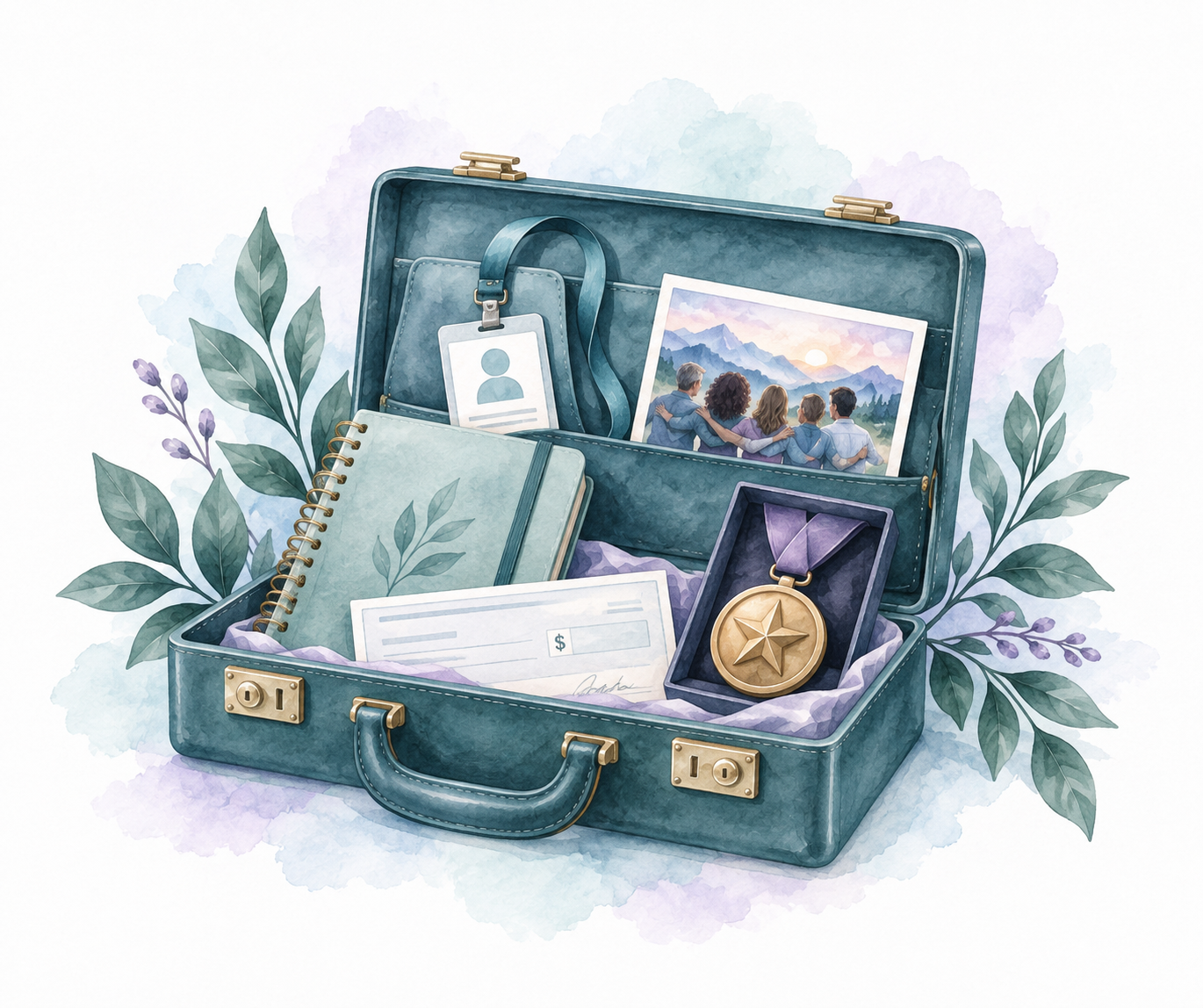An open teal briefcase containing a paycheck, work identification badge, planner, recognition item and team photograph