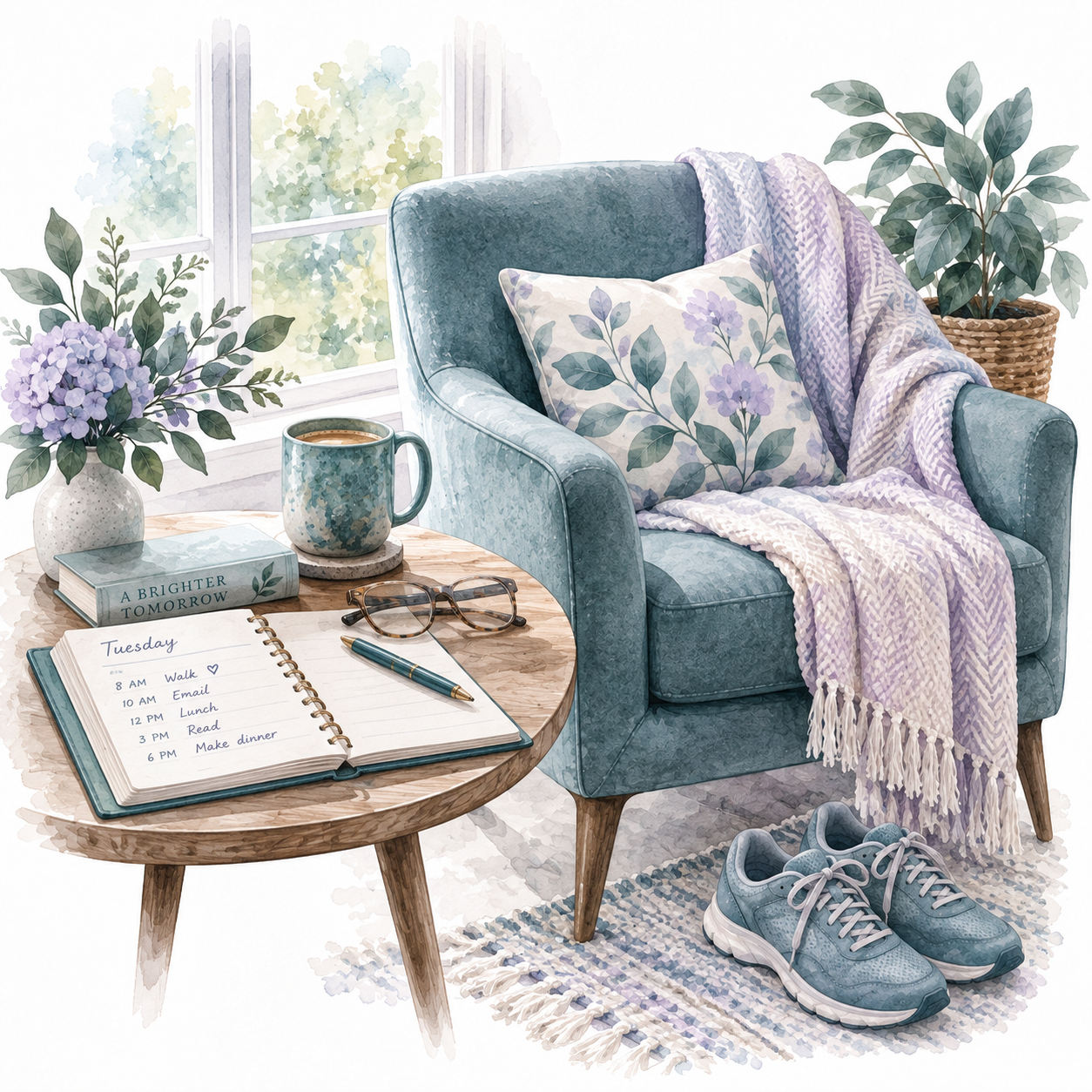 A quiet Tuesday retirement scene with a planner, reading chair, walking shoes and everyday activities