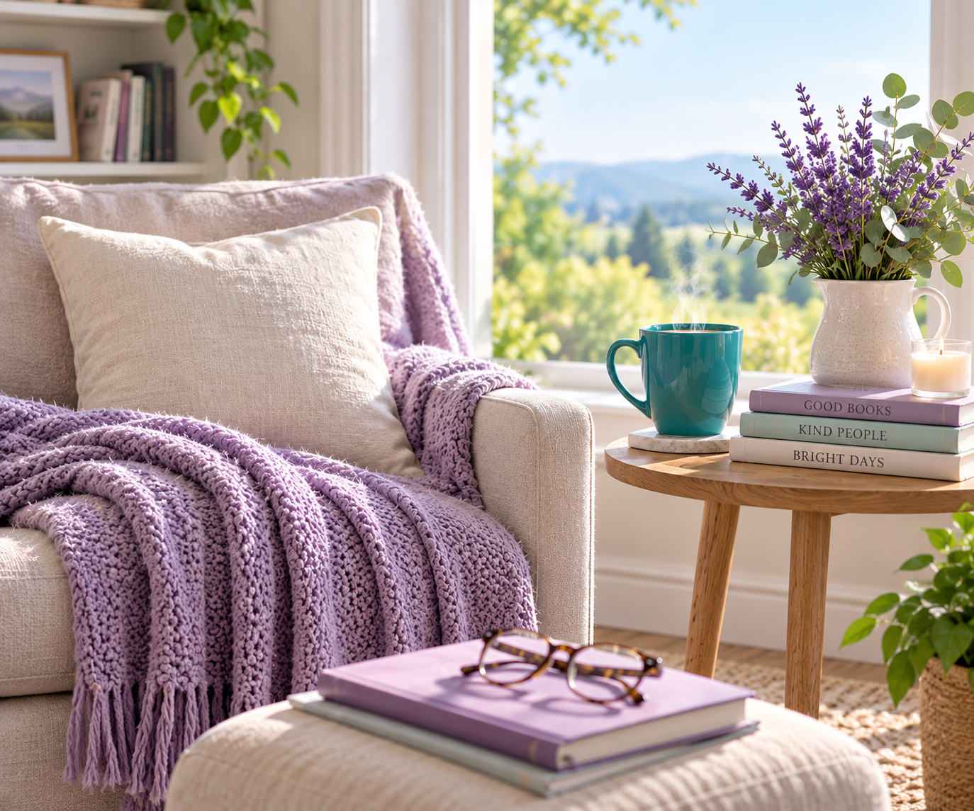 A calm sunlit reading nook with a lavender throw, teal mug, books and flowers