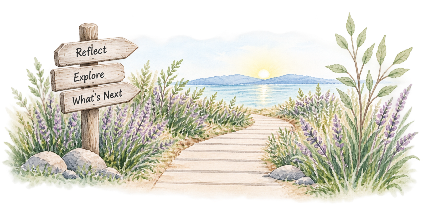 A gentle illustrated pathway representing reflection and the beginning of the retirement journey