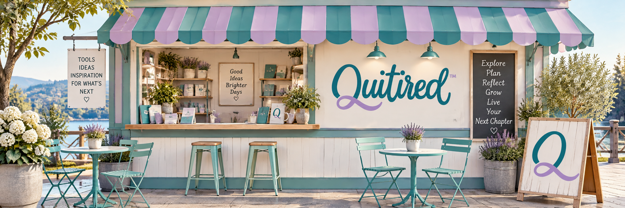 Quitired storefront with teal and lavender awning, outdoor tables and chairs